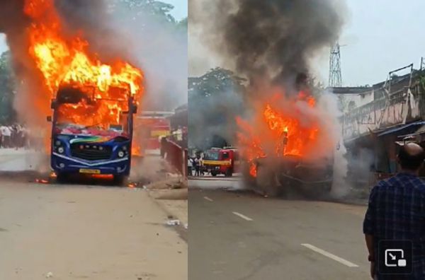 टायर ब्लास्ट होने के बाद बस में लगी भीषण आग..... बस में सवार थे 45 यात्री