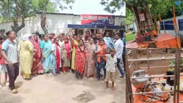 मंदिर में तोड़फोड़ से आक्रोशित लोगों ने किया थाने का घेराव
