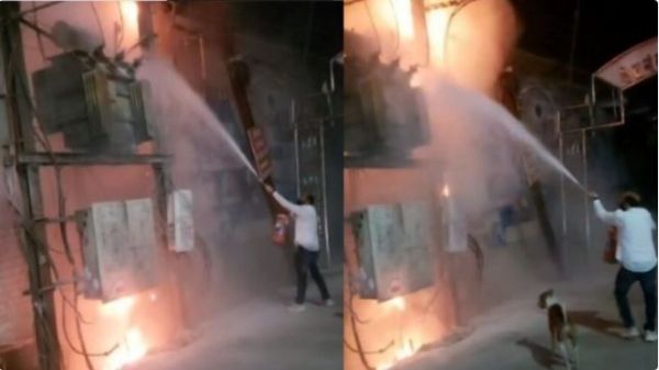 आधी रात ट्रांसफार्मर मे लगी भीषण आग, जान जोखिम में डालकर बुझाने जुट गए सरपंच
