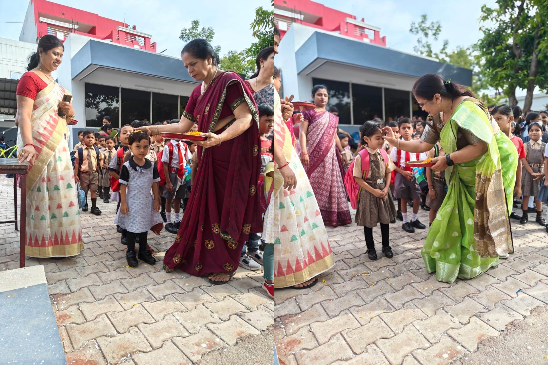 संत ज्ञानेश्वर स्कूल में बच्चों का टीका लगाकर स्वागत