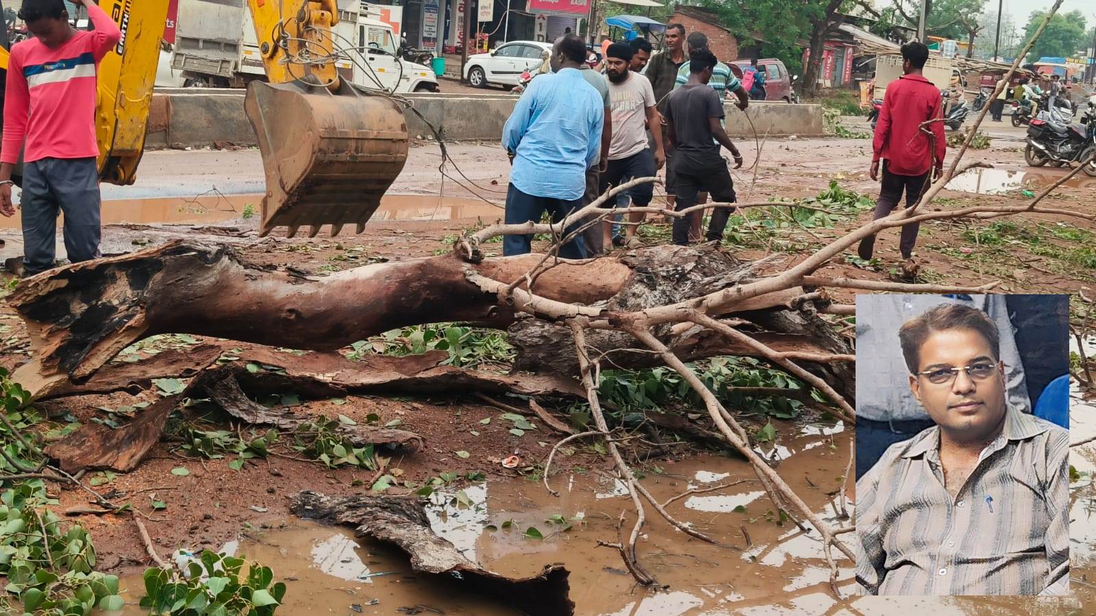 अंधड़ प्रभावित सरायपाली में विद्युत आपूर्ति बहाली के दौरान ईई के ऊपर गिरी पेड़ की शाखा