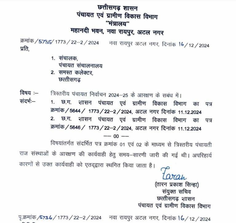 पंचायत चुनाव आरक्षण को लेकर होने वाले कार्यक्रम स्थगित.. शासन ने जारी किया आदेश