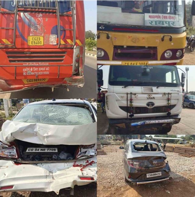 अभनपुर-रायपुर मार्ग पर बड़ा हादसा, बसों की रेस में पाँच वाहन भिड़े
