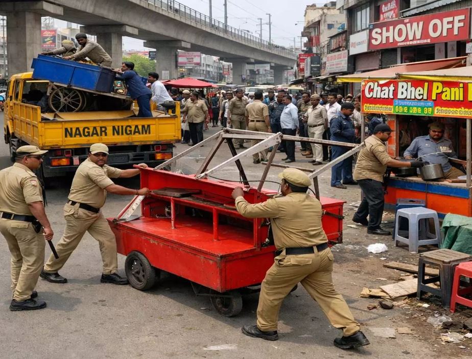 एमजी रोड से अतिक्रमण हटाने की कार्रवाई, ठेले और गुमटियों को निगम ने किया सफाया