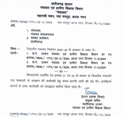 पंचायत चुनाव आरक्षण को लेकर होने वाले कार्यक्रम स्थगित.. शासन ने जारी किया आदेश