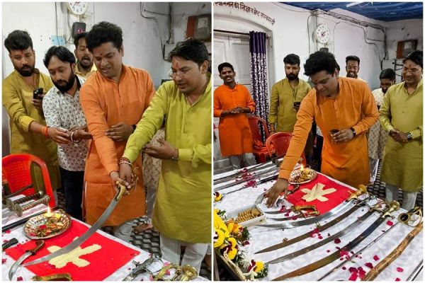 मराठा युवा समाज शिवाजी महाराज को माल्यार्पण कर की शस्त्र पूजा